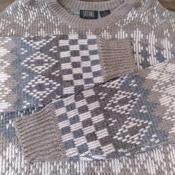 💚 Vintage Stefano Man Crew Neck Geometric Ramie Acrylic Sweater - Picture 5 of 5